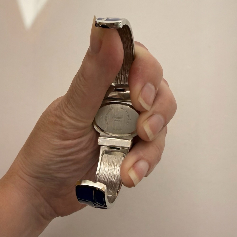 Open Cuff Womens Analog Watch Silver Tone Blue Oval Dial 6.5" Japan Movement - Picture 5 of 8